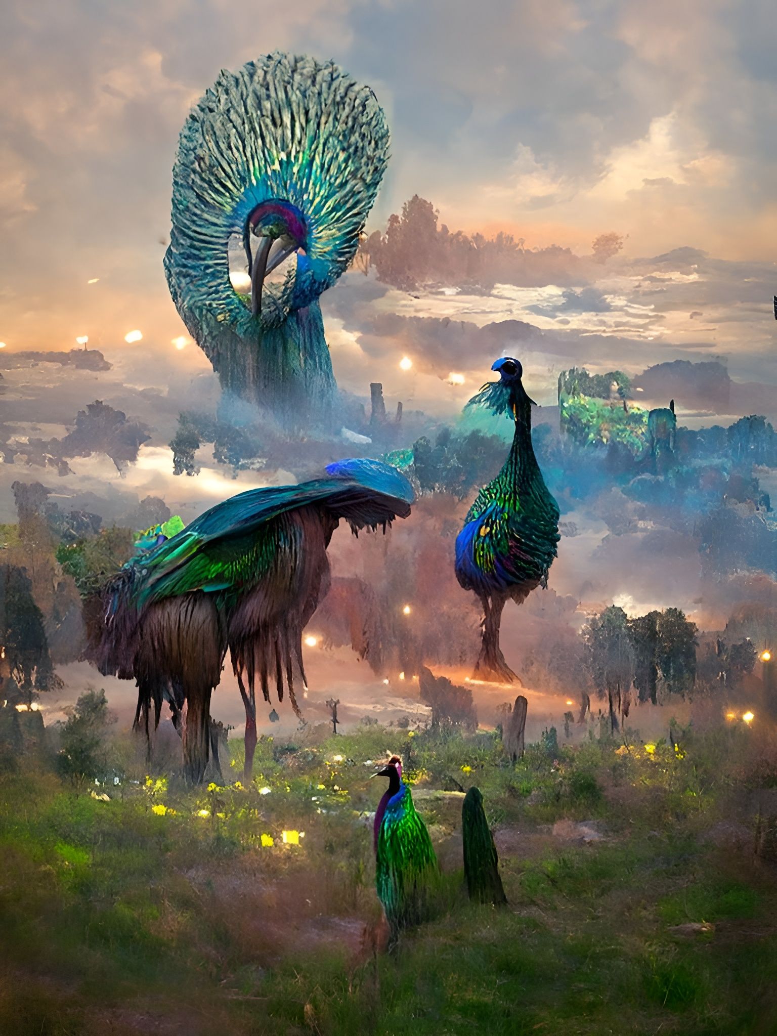 Majestic Peacocks Roam a Surreal Fantasy Landscape