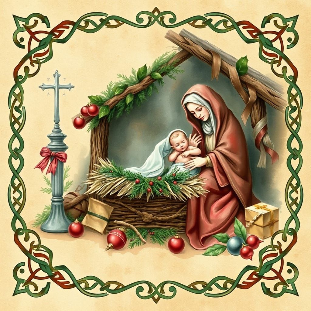 Traditional Irish Catholic Christmas Scene in Watercolor Sty...