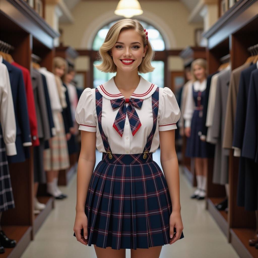 Young Student in Tartan Skirt and White Blouse