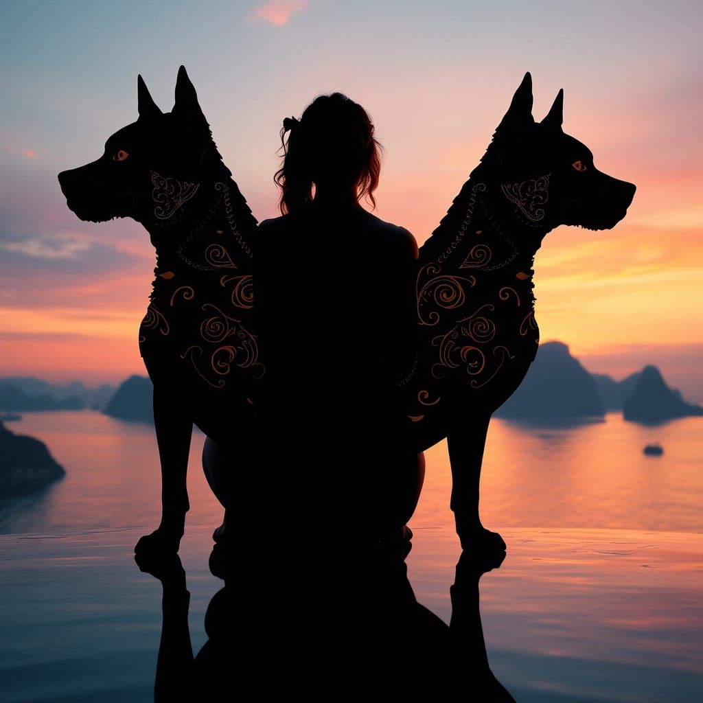 Surreal Woman Surrounded by Twilight Shadows in Ha Long Bay