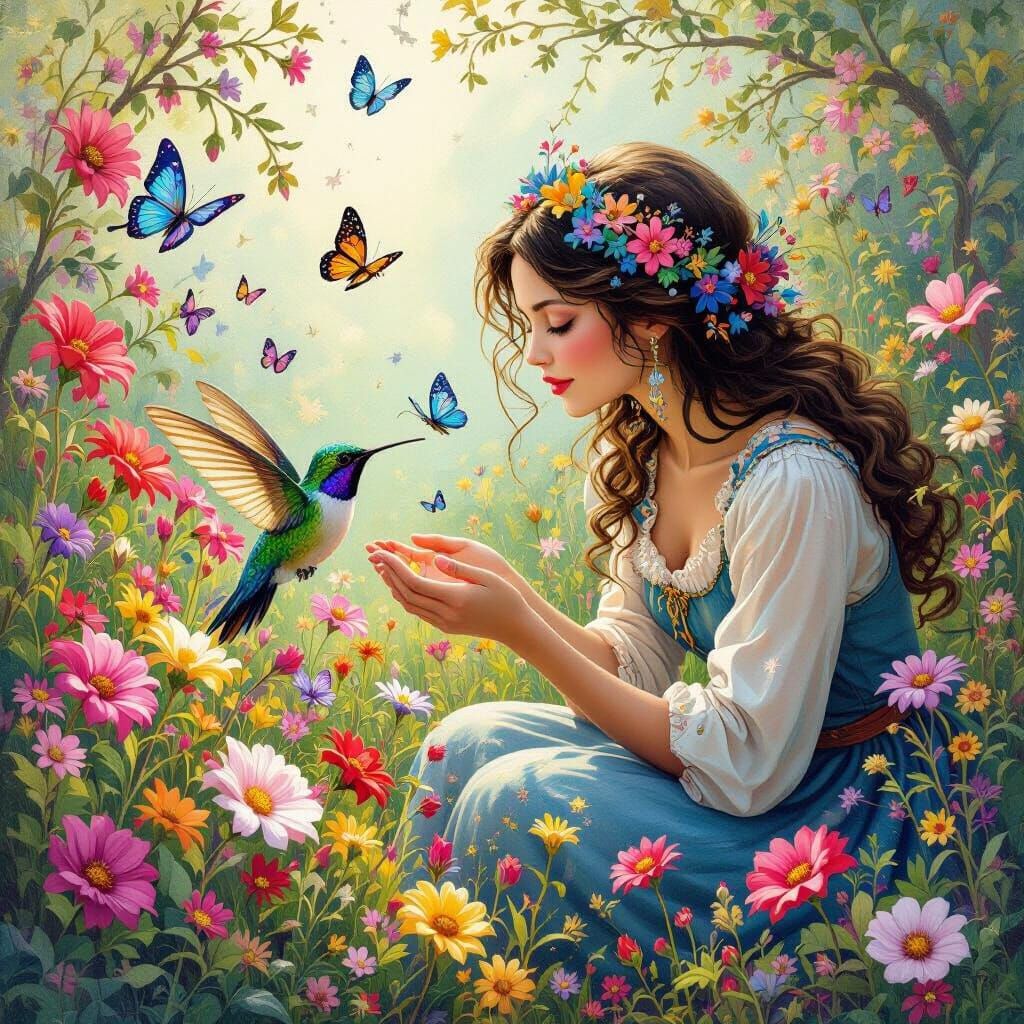 Magical Garden with Humming Flowers, Dreamy Art Style