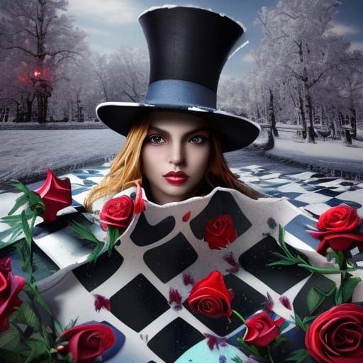 Wonderland in de ep winter ice and snow, The Mad Hatterin winter attire  on a snow covered chessboard, surrounded by ros...