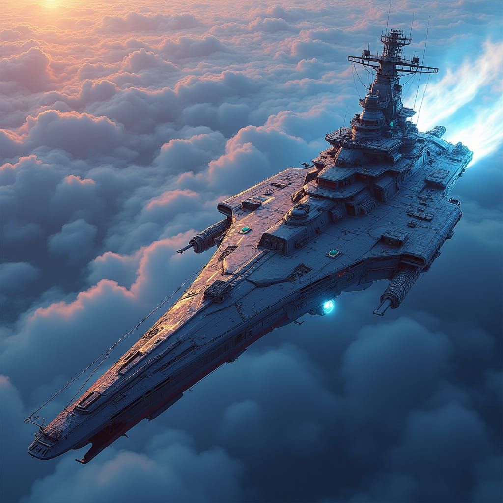 Epic Anime Sci-Fi Battleship in Bold Lines and Deep Blues