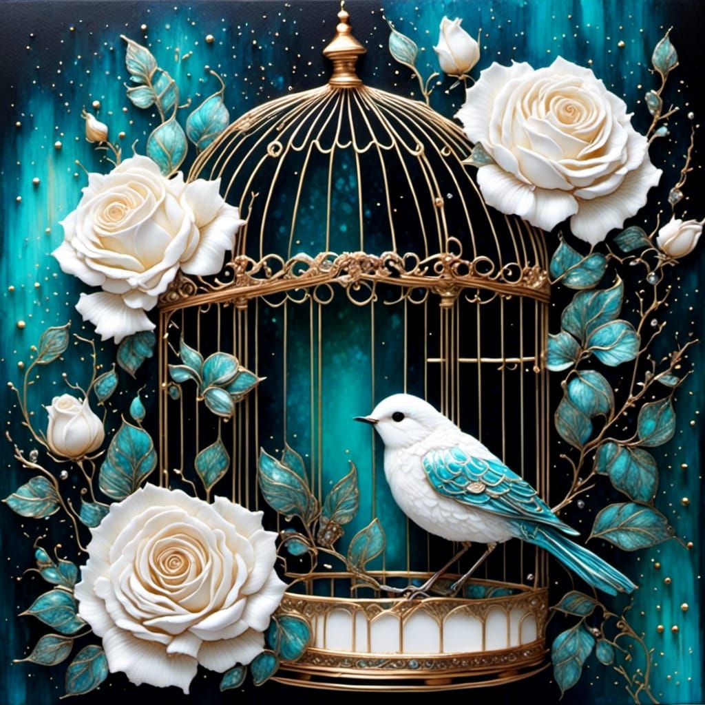 White Bird and Roses in Copper-Lined Cage