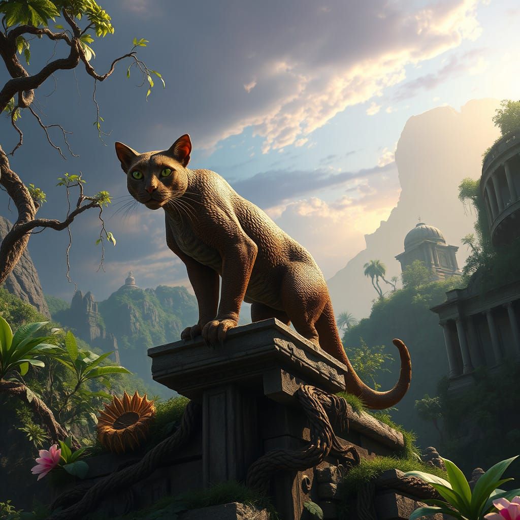 Majestic Catoblepas Stands atop Ancient Temple Ruin