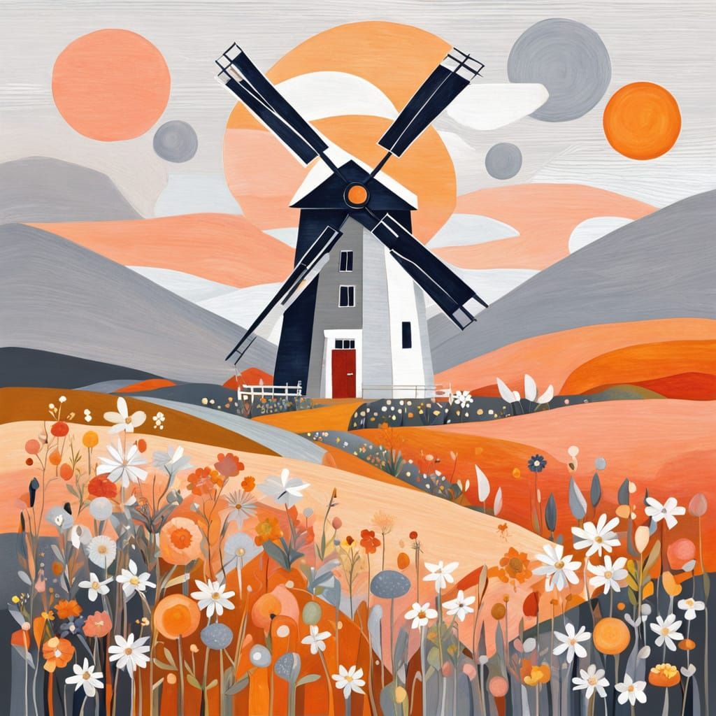 Mondrian-esque Windmill and Wildflowers in Peach and Silver