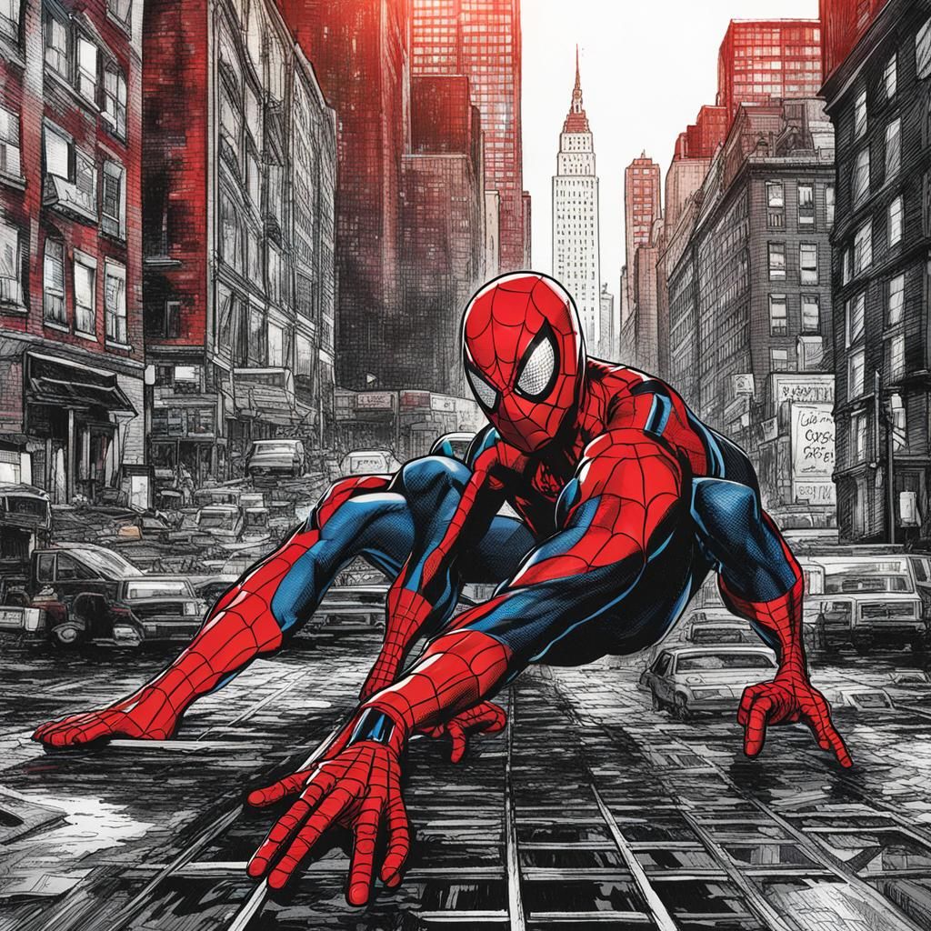 Spiderman in Red Jacket Cityscape Art