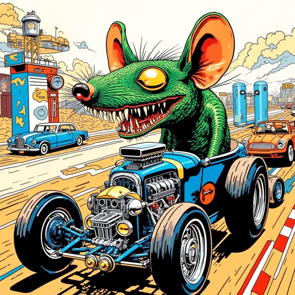 Grotesque Ratfink Rat Drives Gasser Car on Race Track