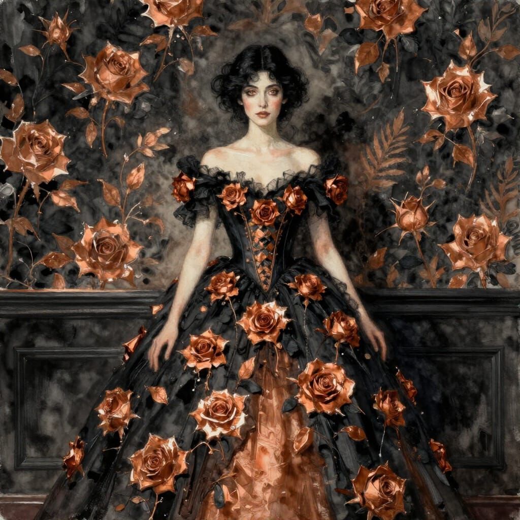 Black Haired Woman in Rose Gown, Watercolor Style