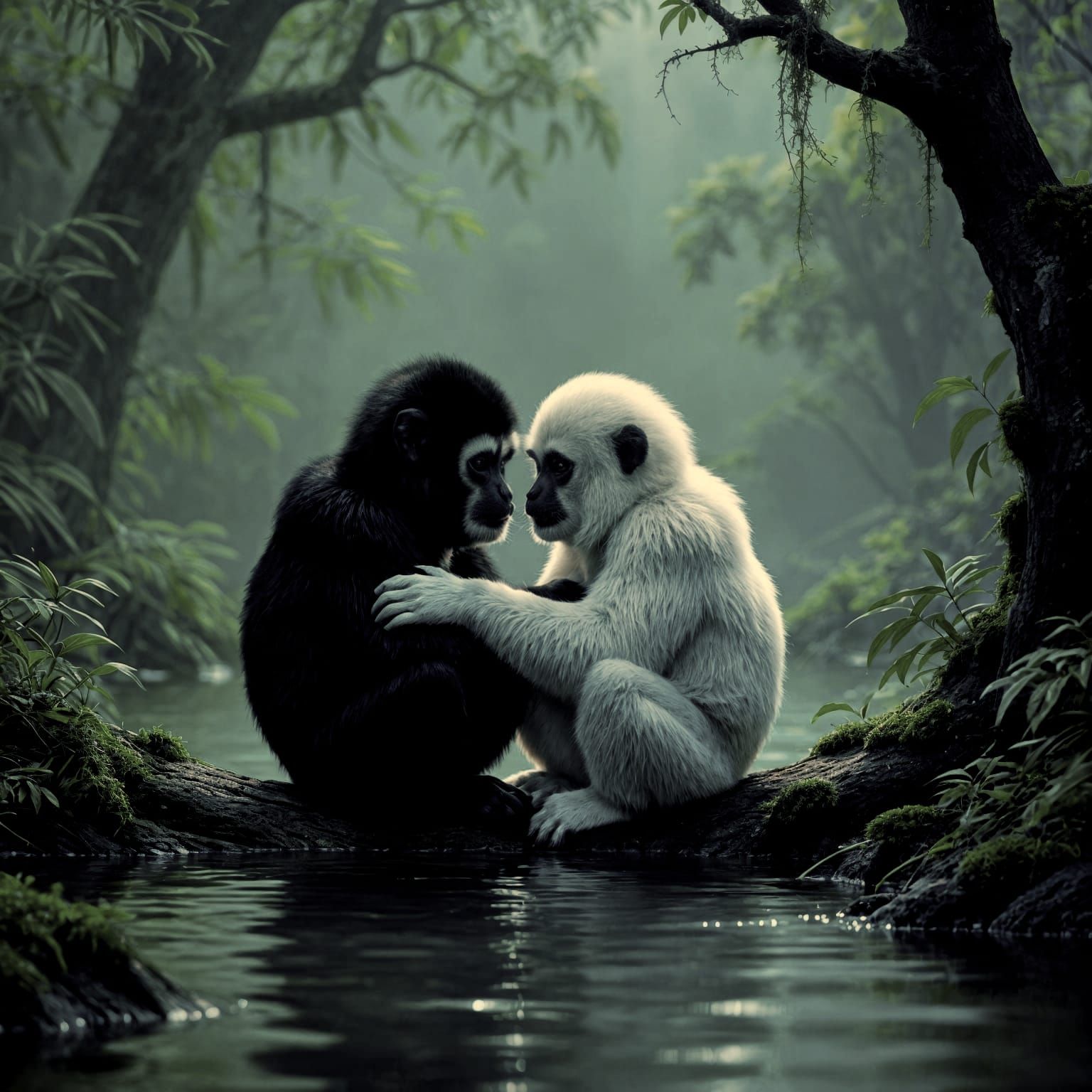 Affectionate Gibbons Embrace in Bioluminescent Twilight