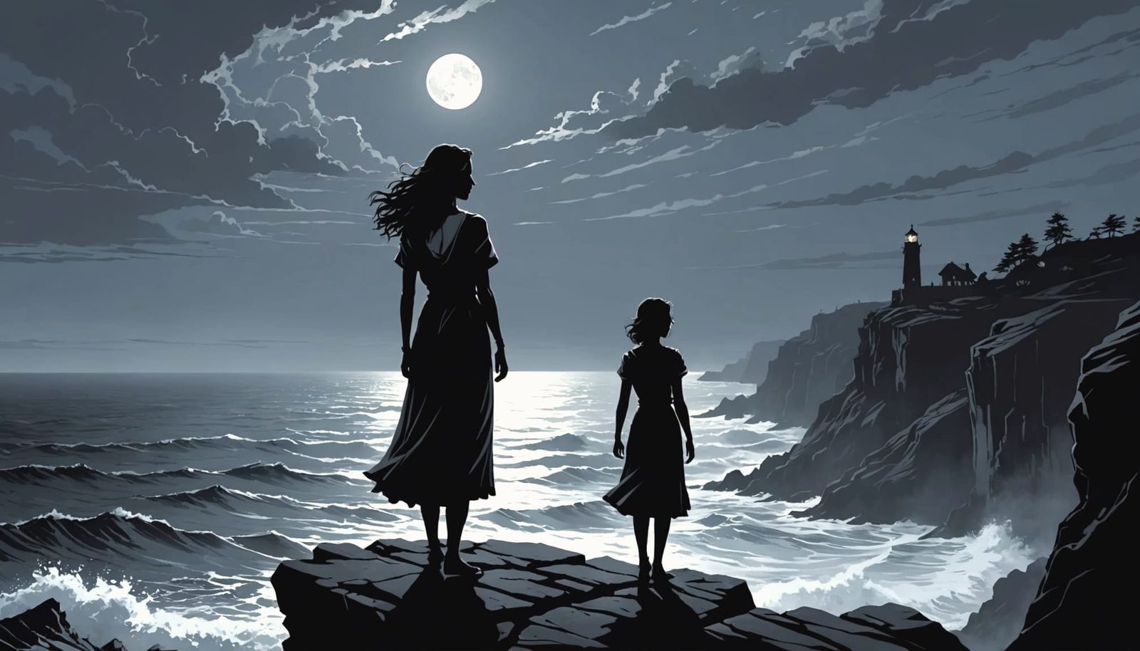 Woman on Cliff Edge, Dramatic Ink Drawing Style