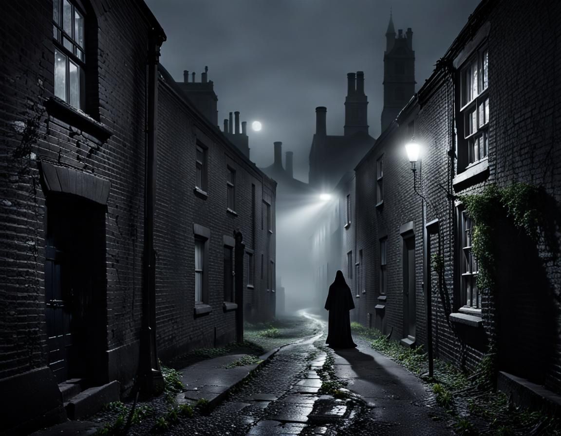 Eerie Apparition in Victorian Alleyway on Foggy Night