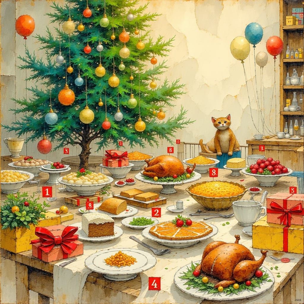 Christmas Festival Scene in Children's Color-Pencil Style