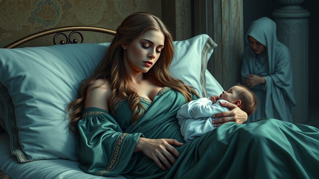Roman Empress Slumbers in Luxurious Teal Nightgown with Baby...