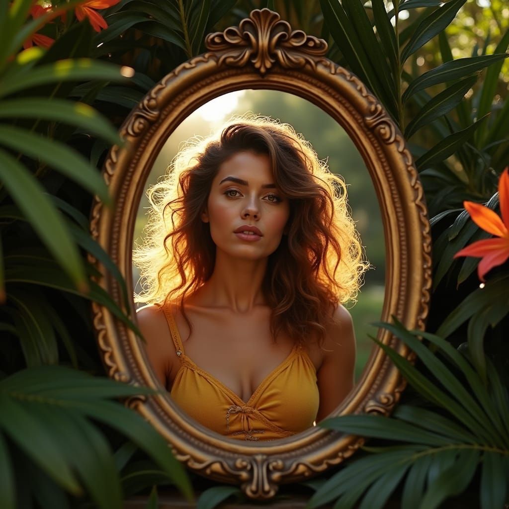 Woman in Mirror Surrounded by Tropical Foliage