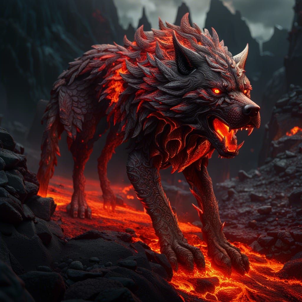 Detailed Lava Wolf Matte Painting in 8K