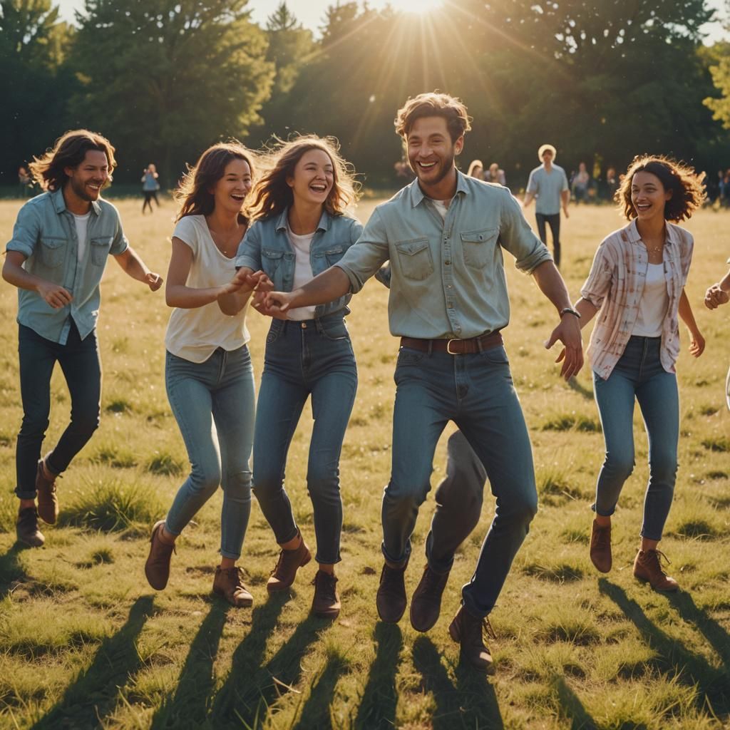 Friends Dancing in Sunlit Field: Cinematic Film Still