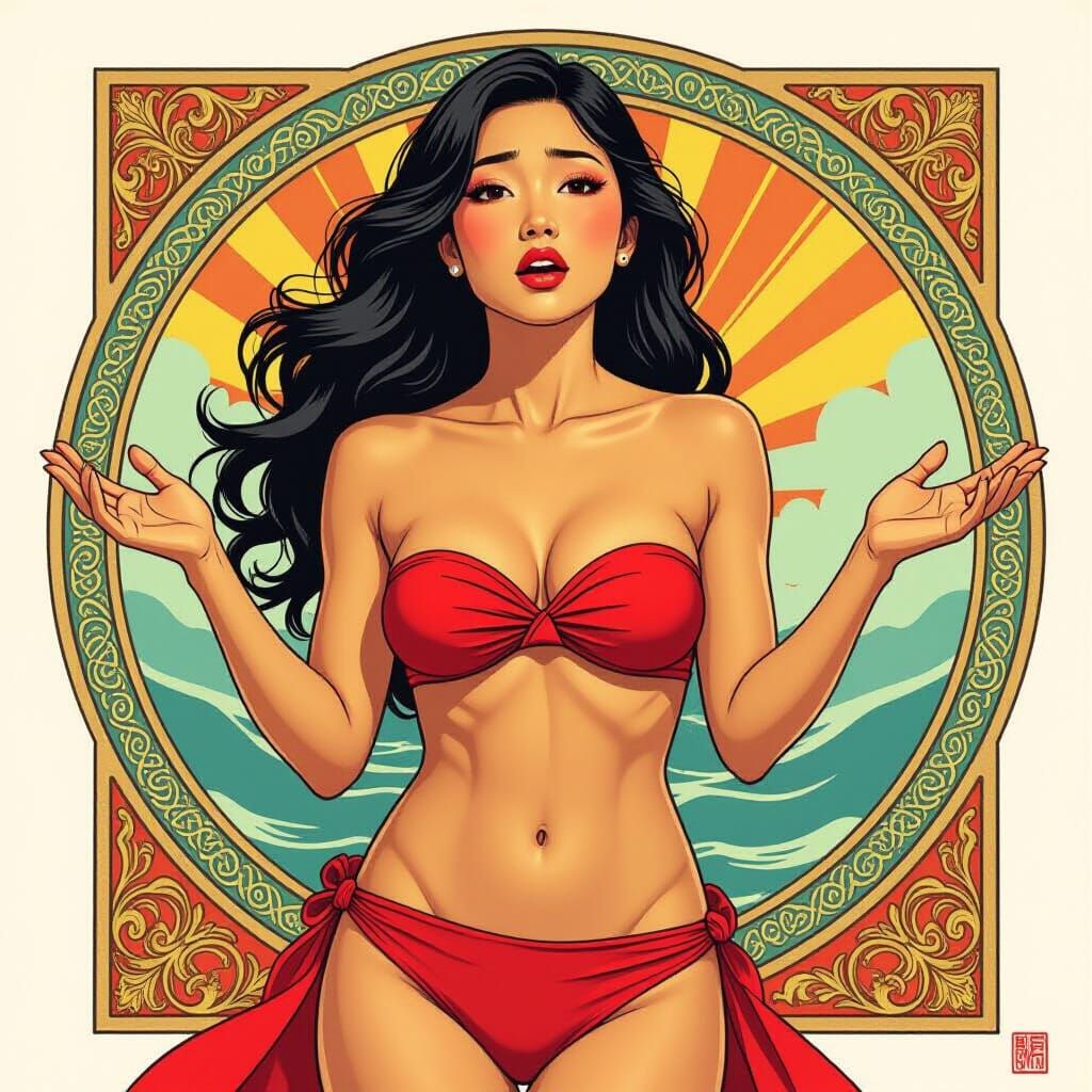 Frustrated Woman in Bikini: Alphonse Mucha Style