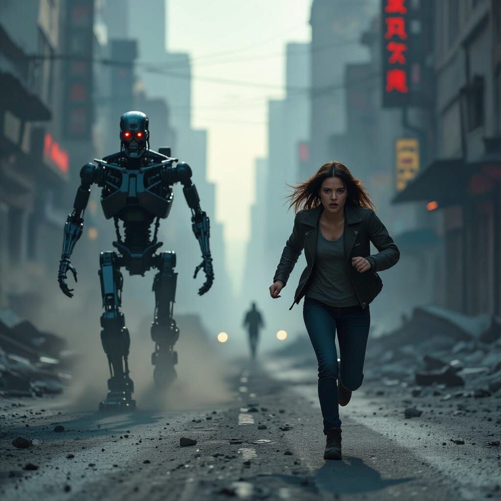 Woman Flees Terminator in Ruined City