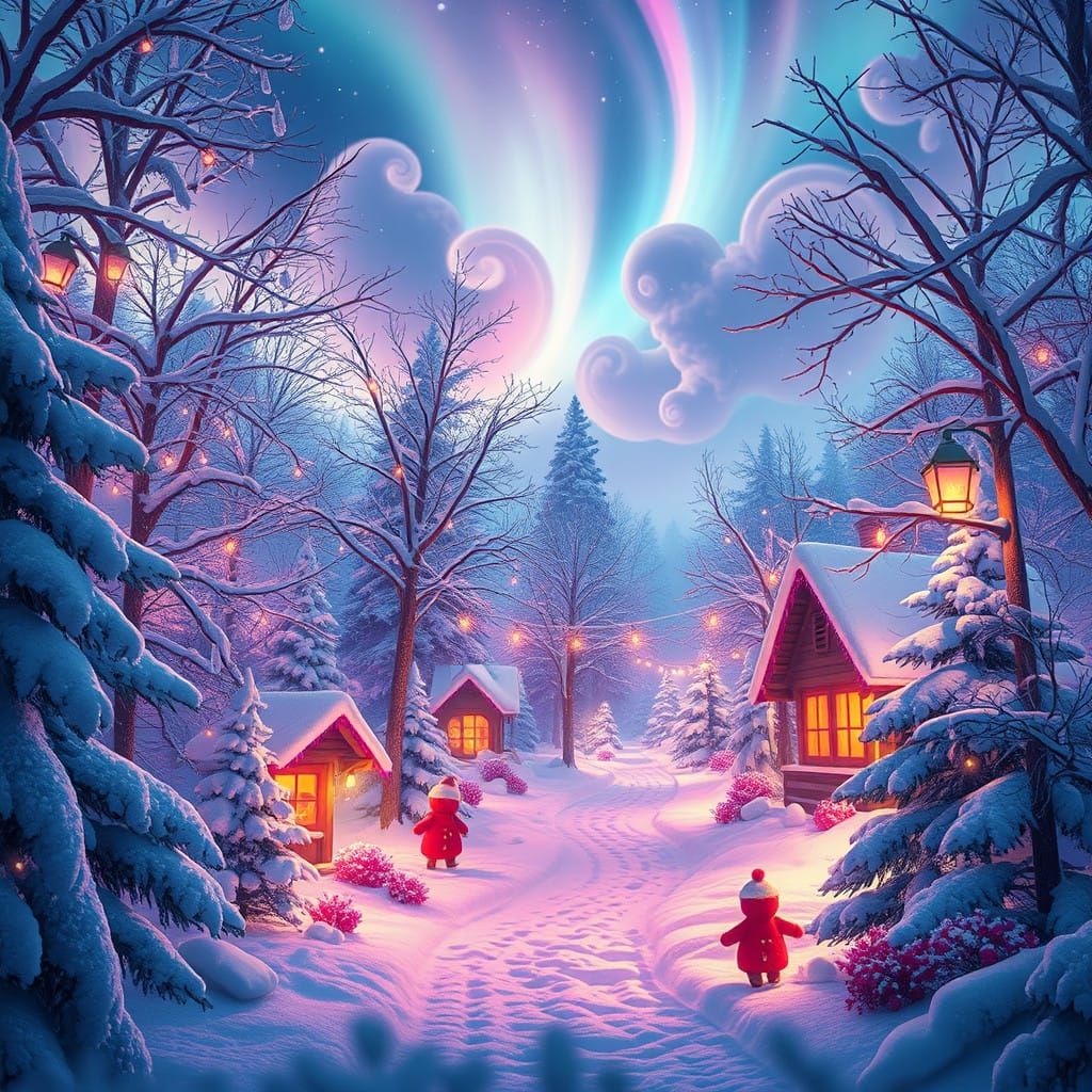 Whimsical Winter Wonderland Scene in Vibrant Fantasy Art Sty...