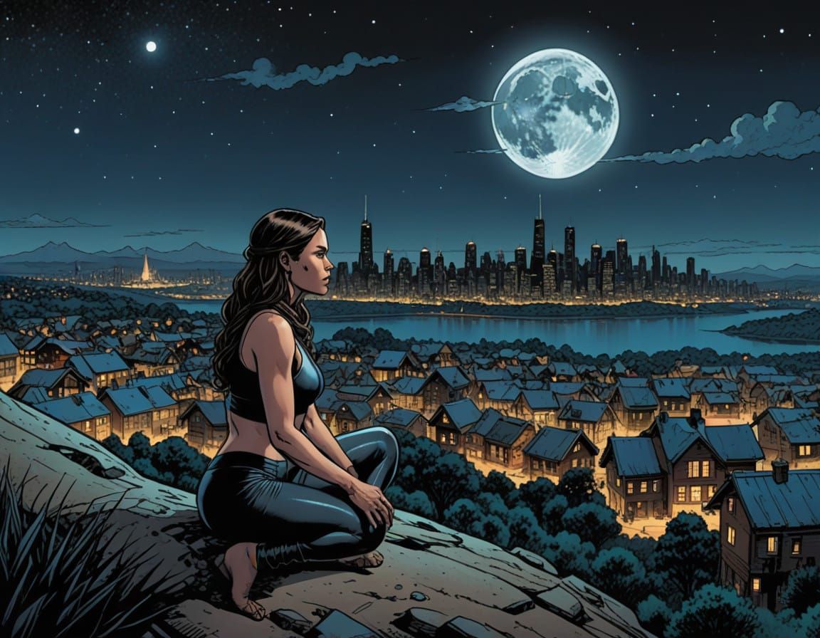 Indigenous Woman Under Moonlit Cityscape