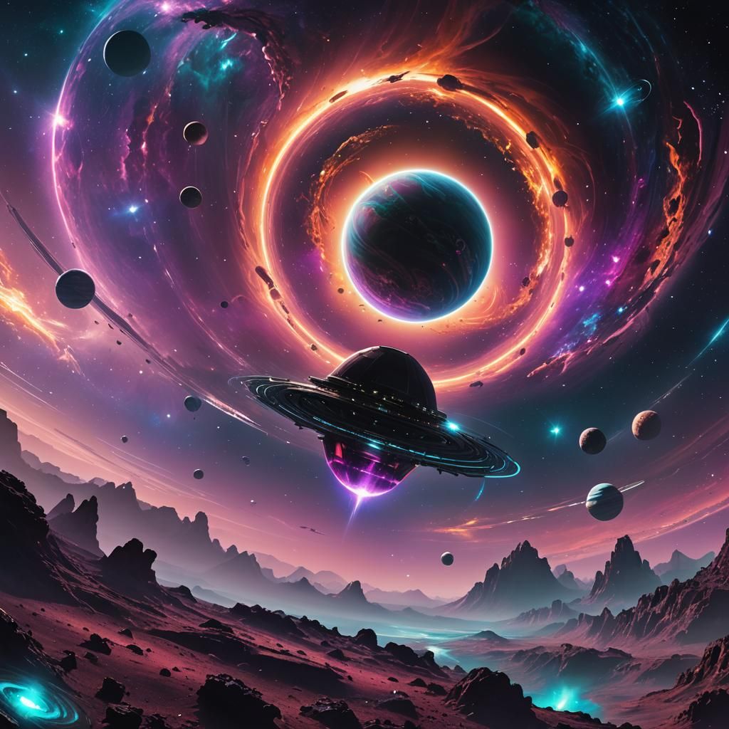 Alien Planet with Glowing Rings in Space