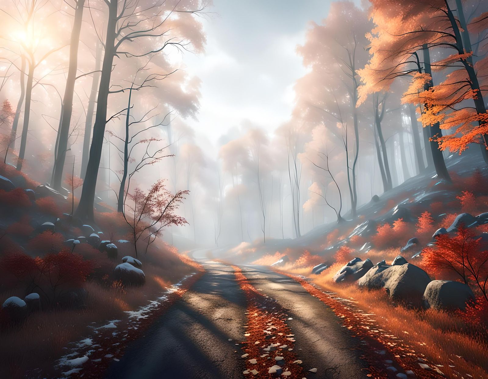 Mysterious Winter Forest with Autumnal Fog
