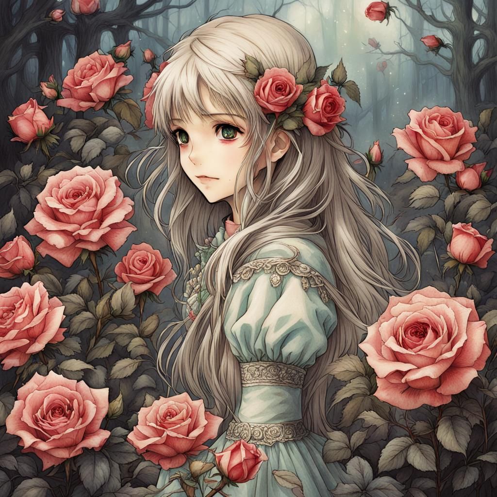 Anime Girl in Rackham Fairytale Rose Garden