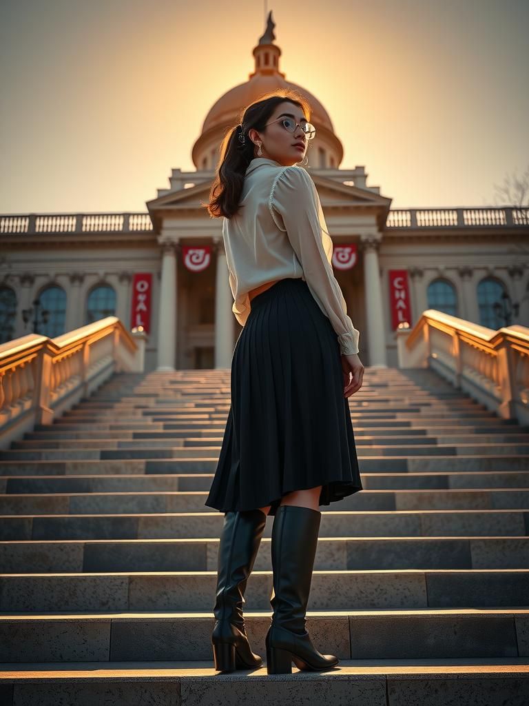 Sunlit Woman on City Hall Steps: Photorealistic Portrait