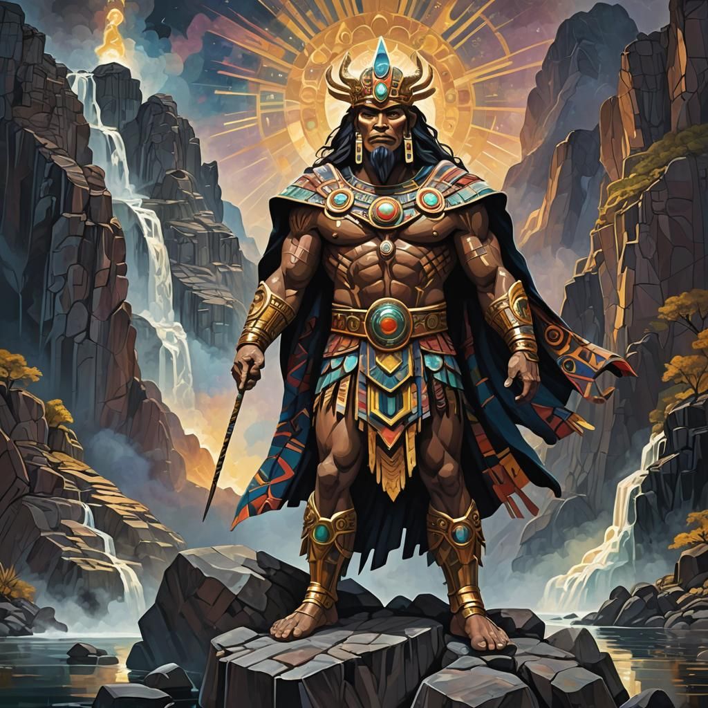 Inca Creator God Overlooking Dark Lake in Fauvist Style