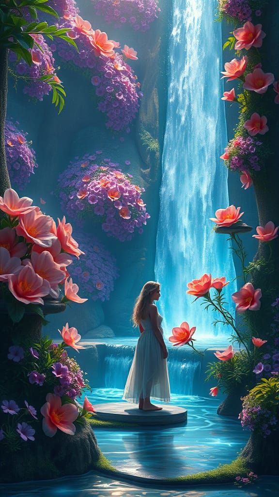 Fantasy Garden Waterfall in Mystical Realism Style