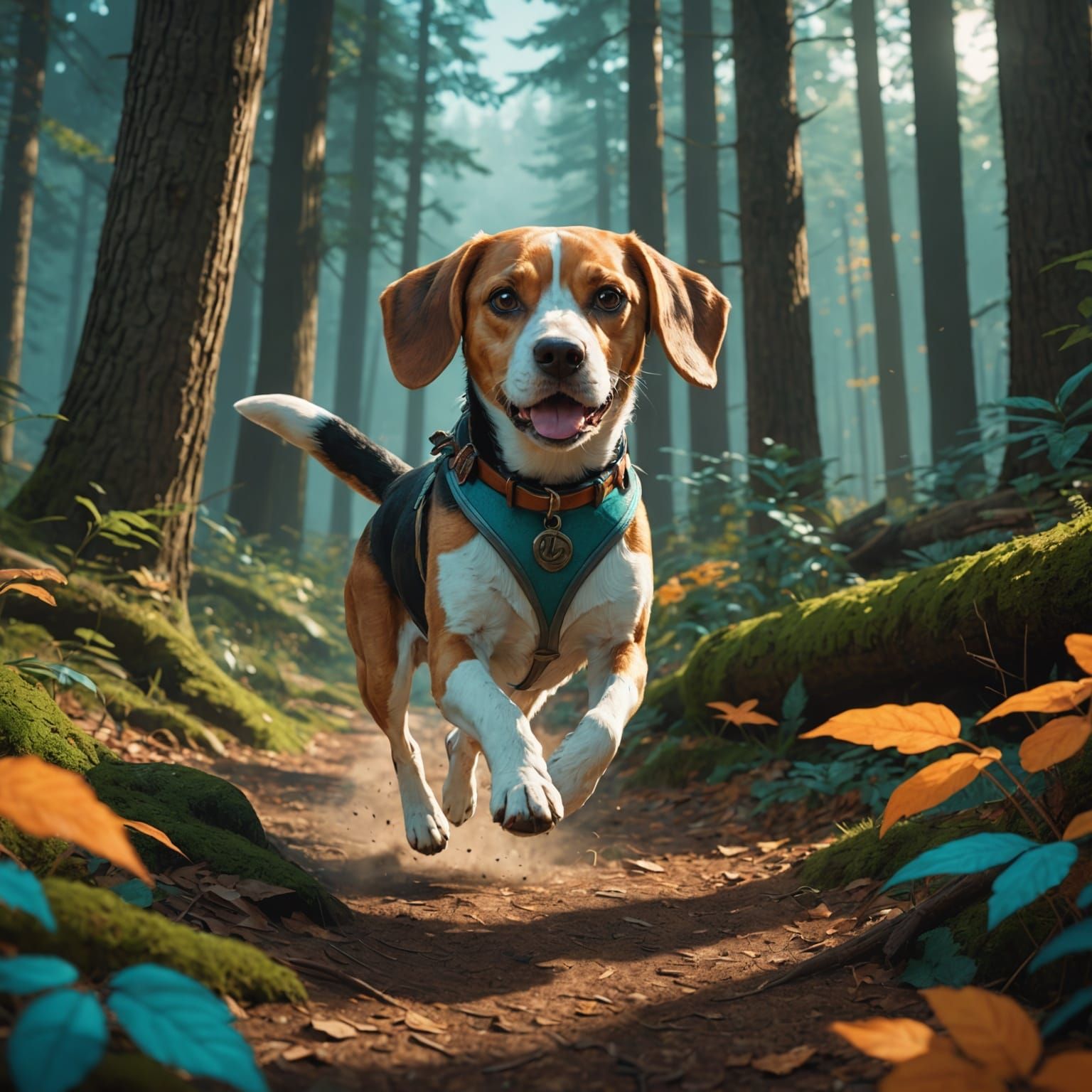Beagle Runs Through Woods: Hyperdetailed Concept Art