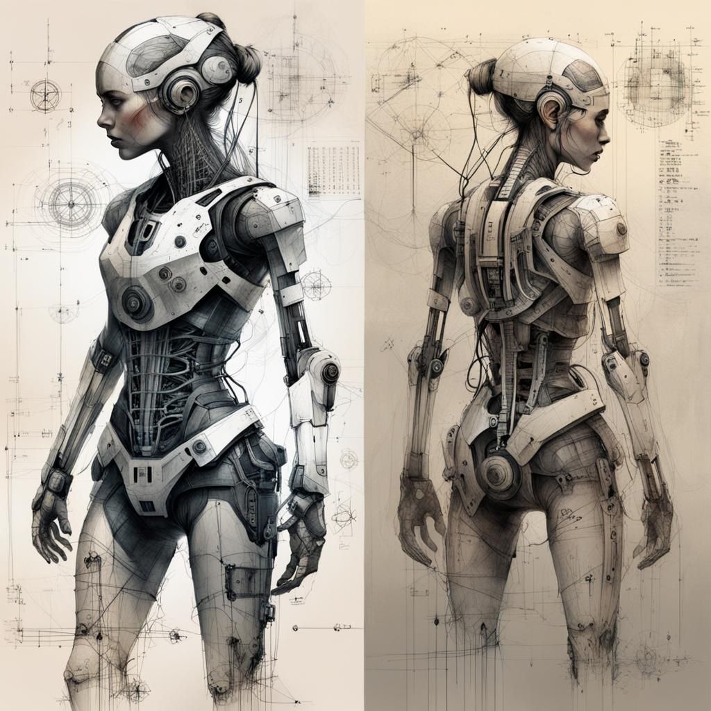 Technical Conte Drawing of a Woman with Equations