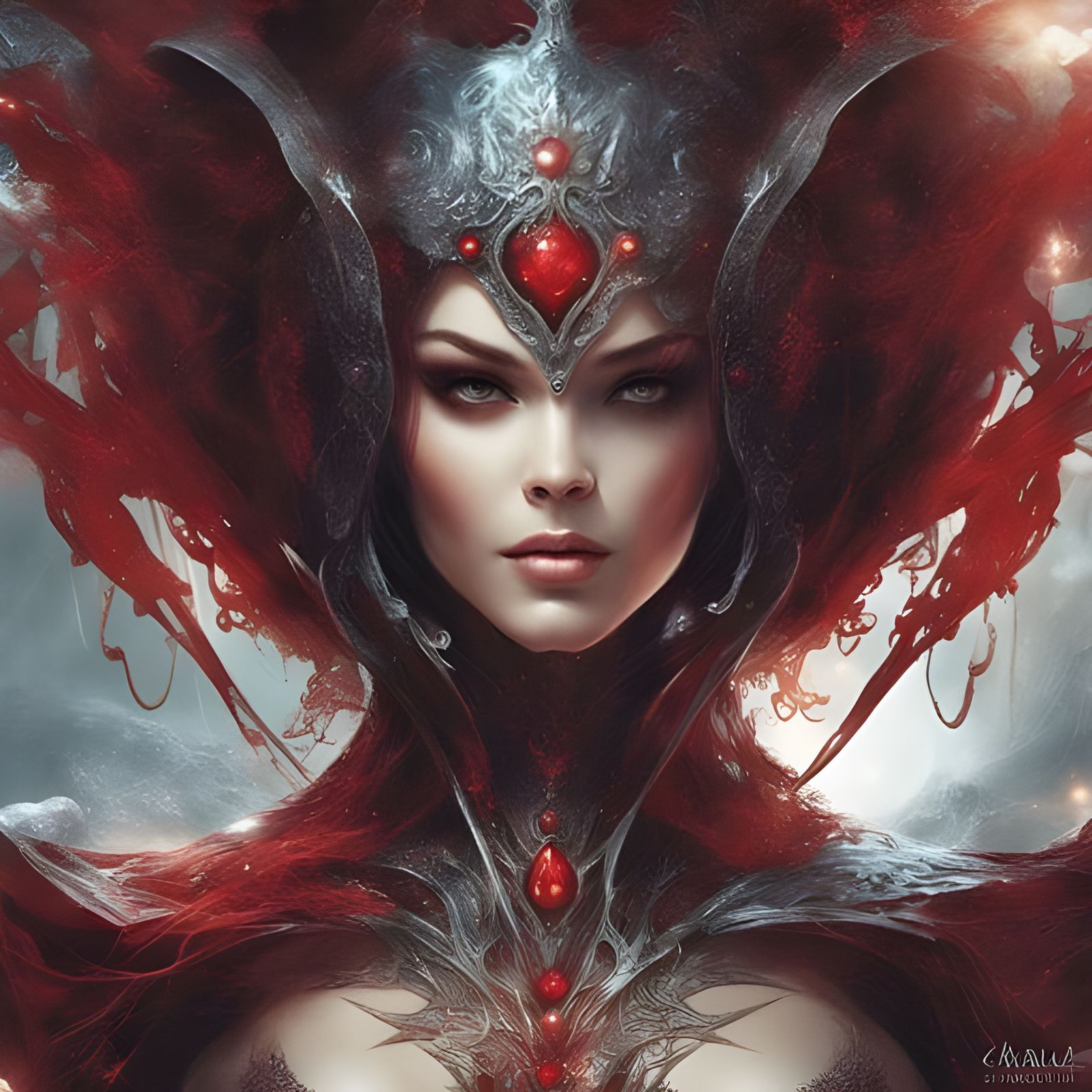 Alien Enchantress with Dark Hair and Red Hood