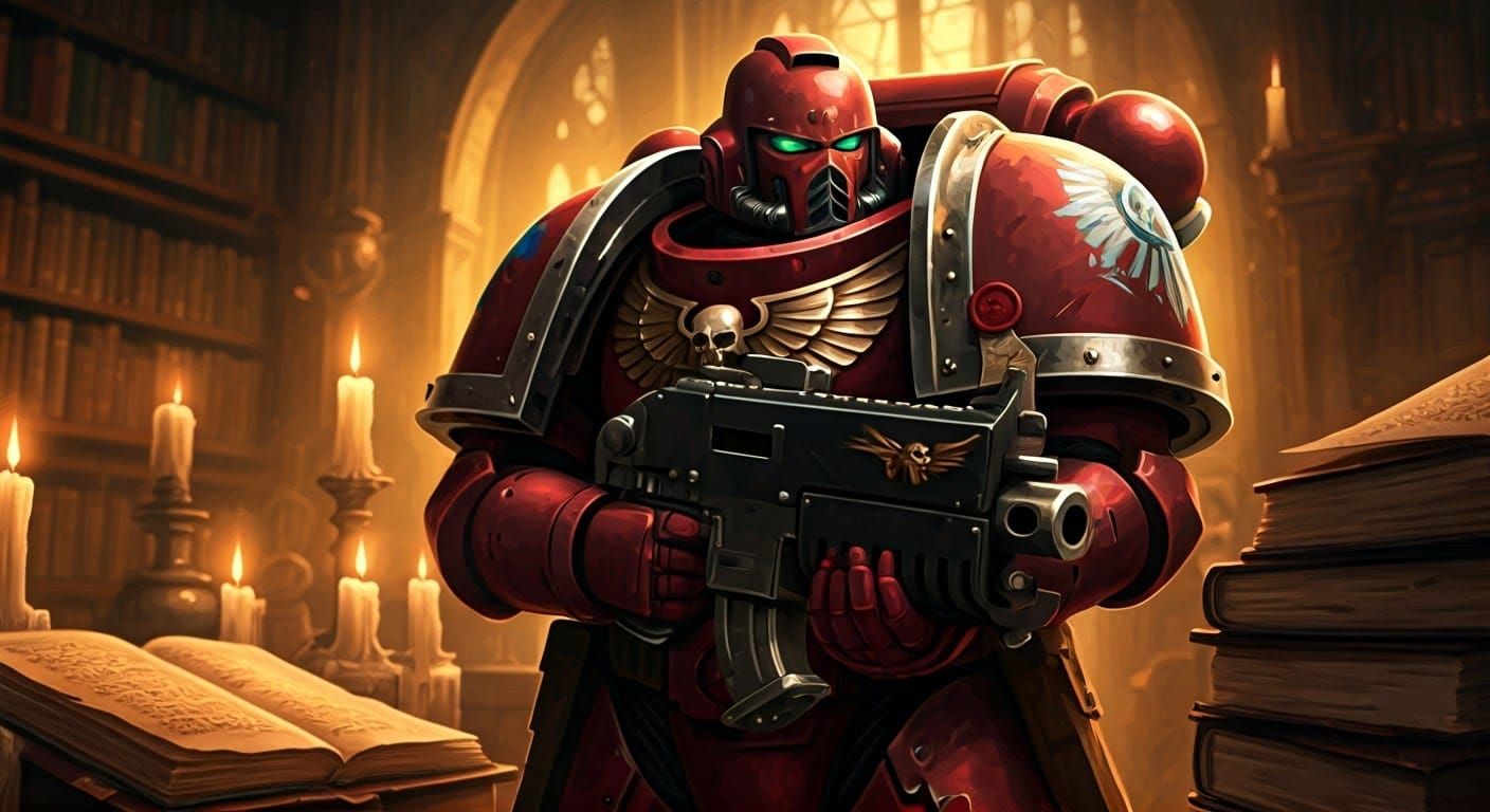 Crimson Space Marine in Arcane Library