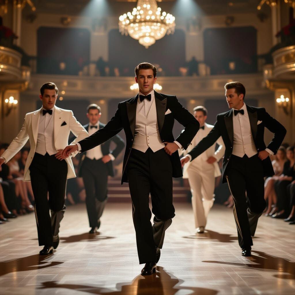 1930s Male Dancers in Opulent Hall, Old Hollywood Style