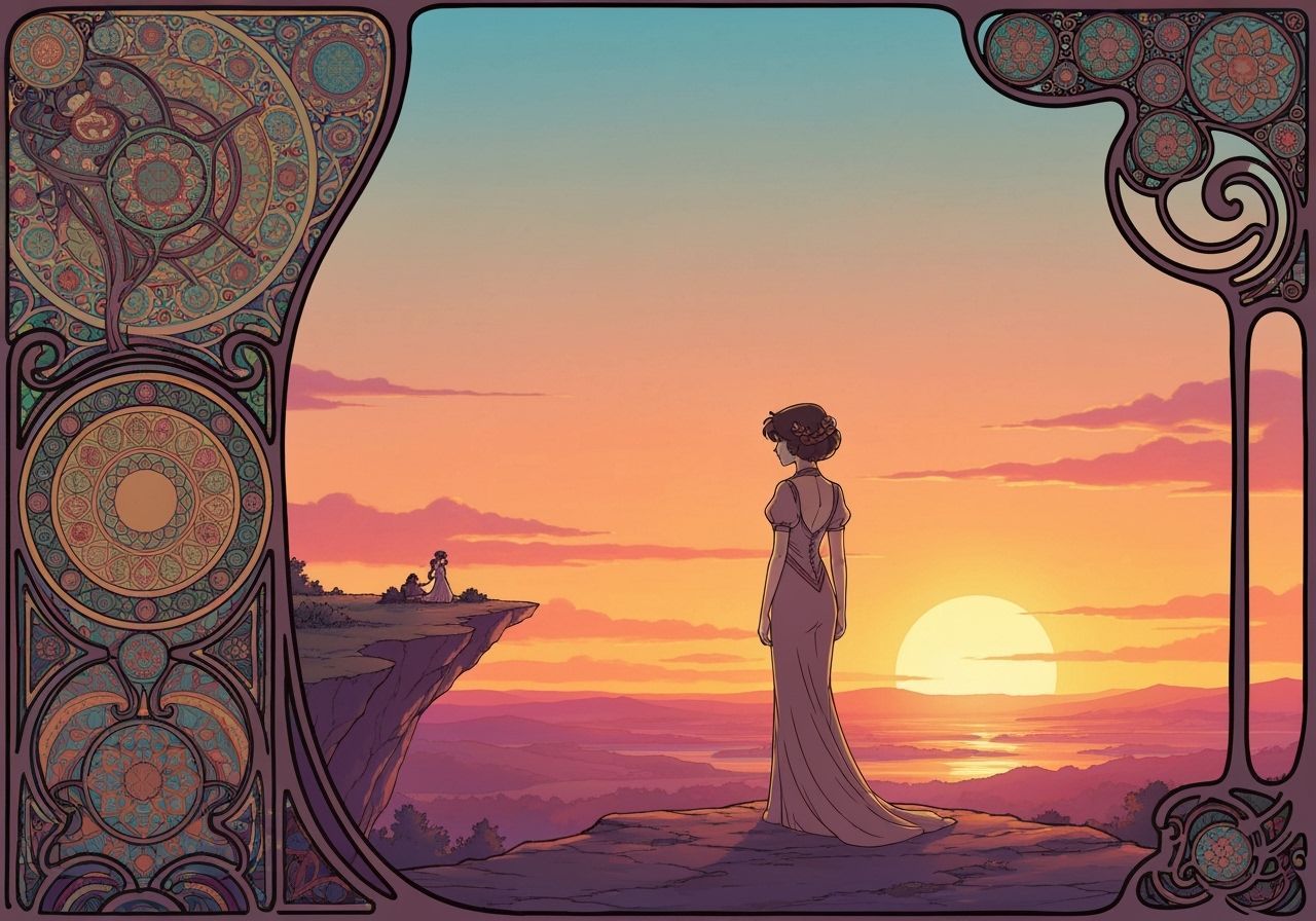 Elegant Woman Overlooking Sunset in Art Nouveau Style