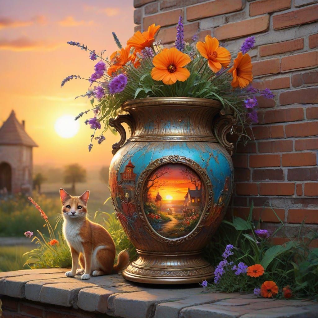 Fantastical Vase in a Whimsical Sunset Scene