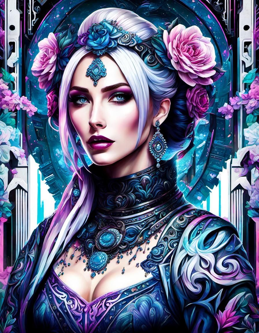 Pastel Goth Girl with Anime Features in Solarpunk Style