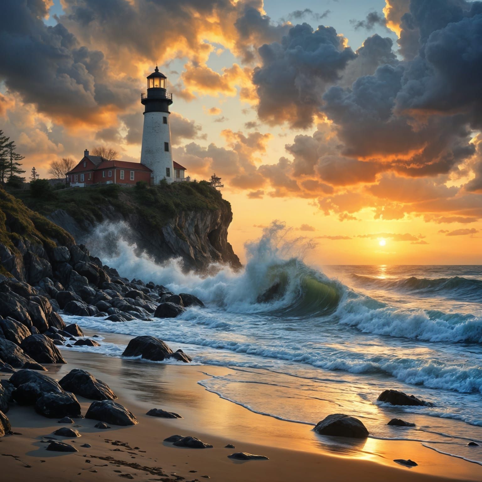 Majestic Lighthouse Guides Ships Through Dramatic Sunset Oce...