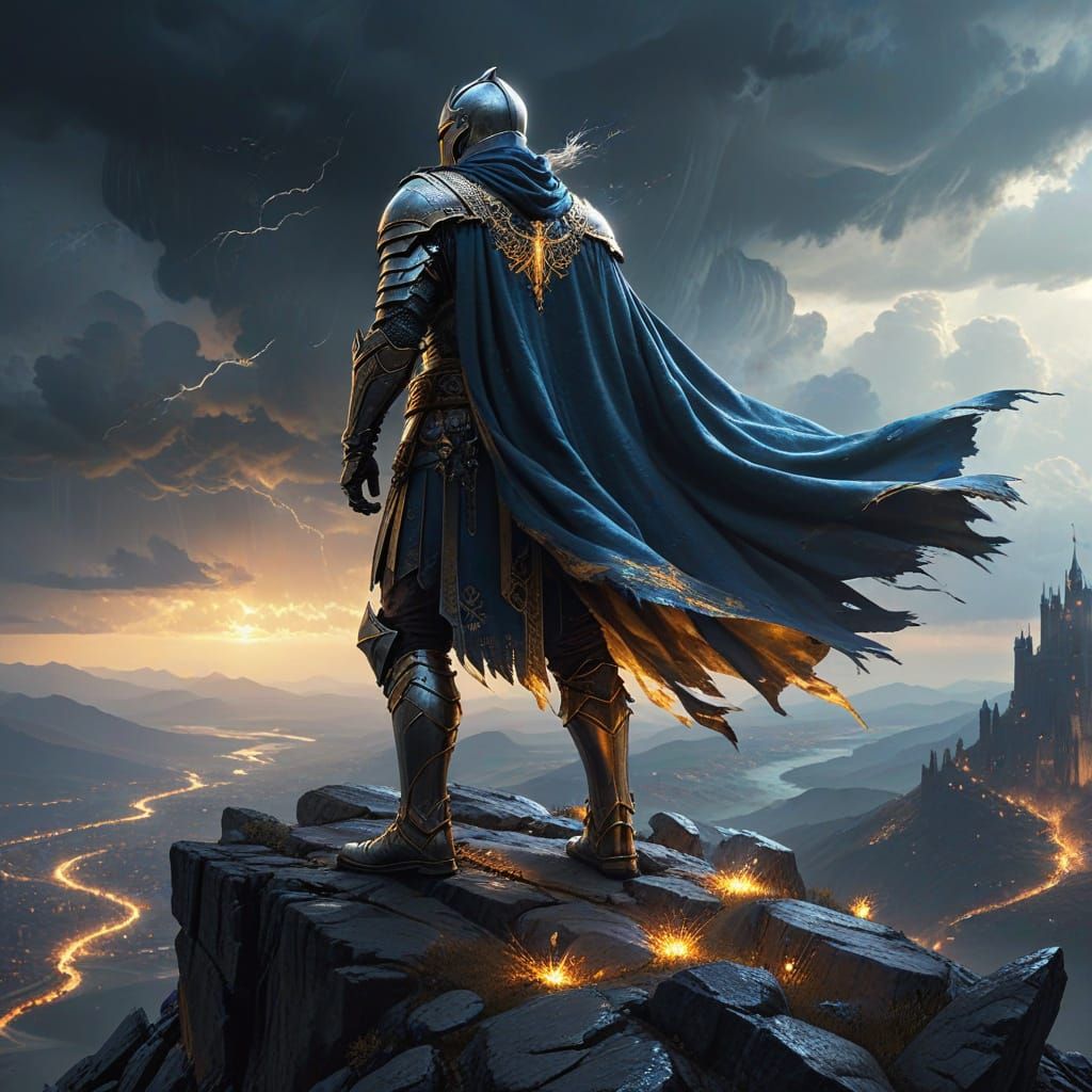 Knight Warrior on Mountain Peak in Dramatic Lighting