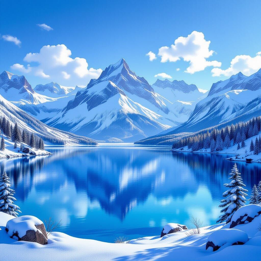 Hyperrealistic Snow Mountains Reflect in Crystal Lake