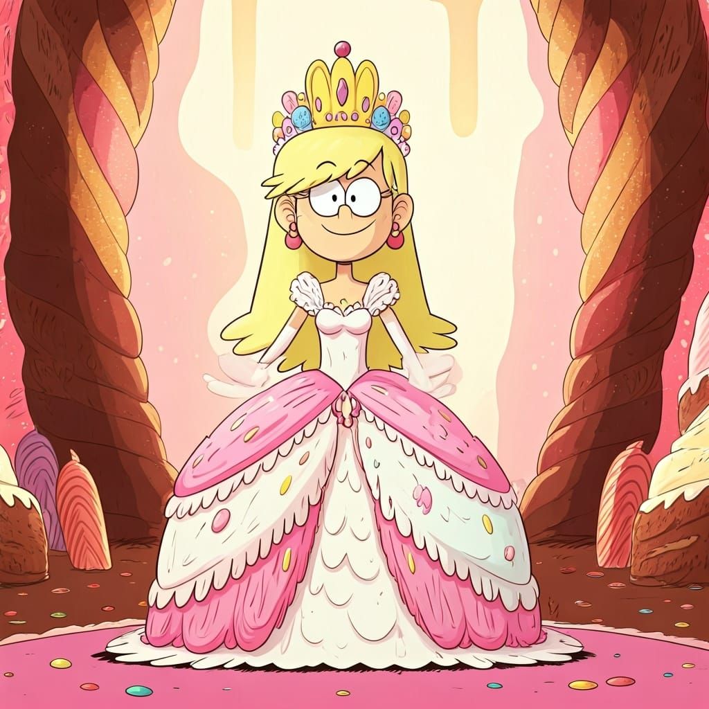 Imagine Leni Loud from The Loud House as a candy princess, ruling over a kingdom of sweets and pastries. She wears a mag...