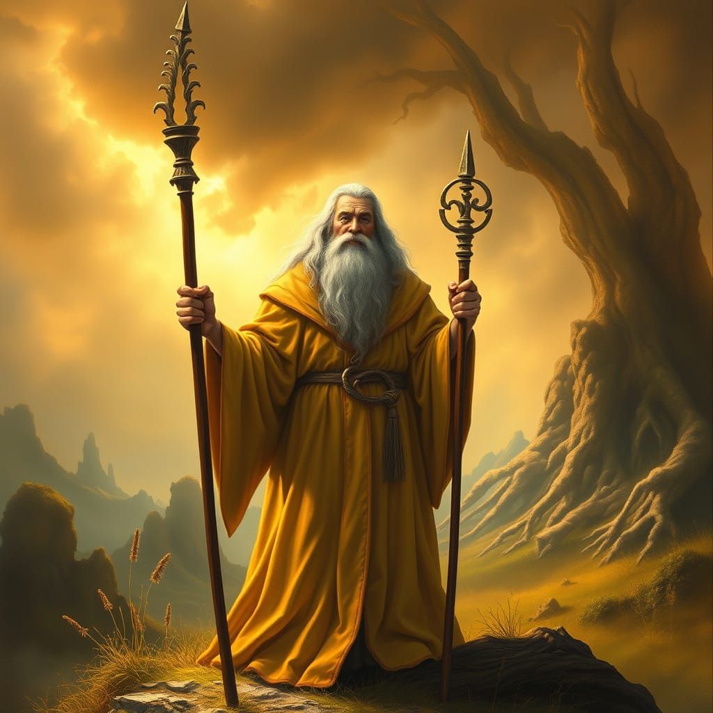 Mystical Wizard in Golden Robes Stands Amidst Whimsical Land...