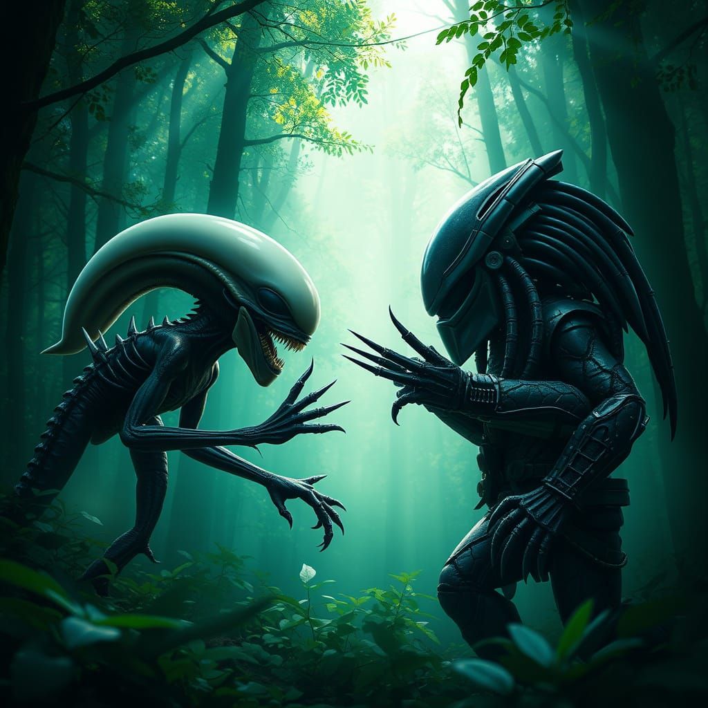 Baby Xenomorph vs Baby Predator in a Dark, Emerald Forest