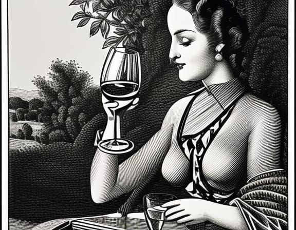 Line art of woman drinking glass of wine in french countryside