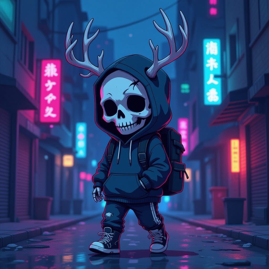 Chibi Wendigo Enters Cyberpunk Slums in Anime Style