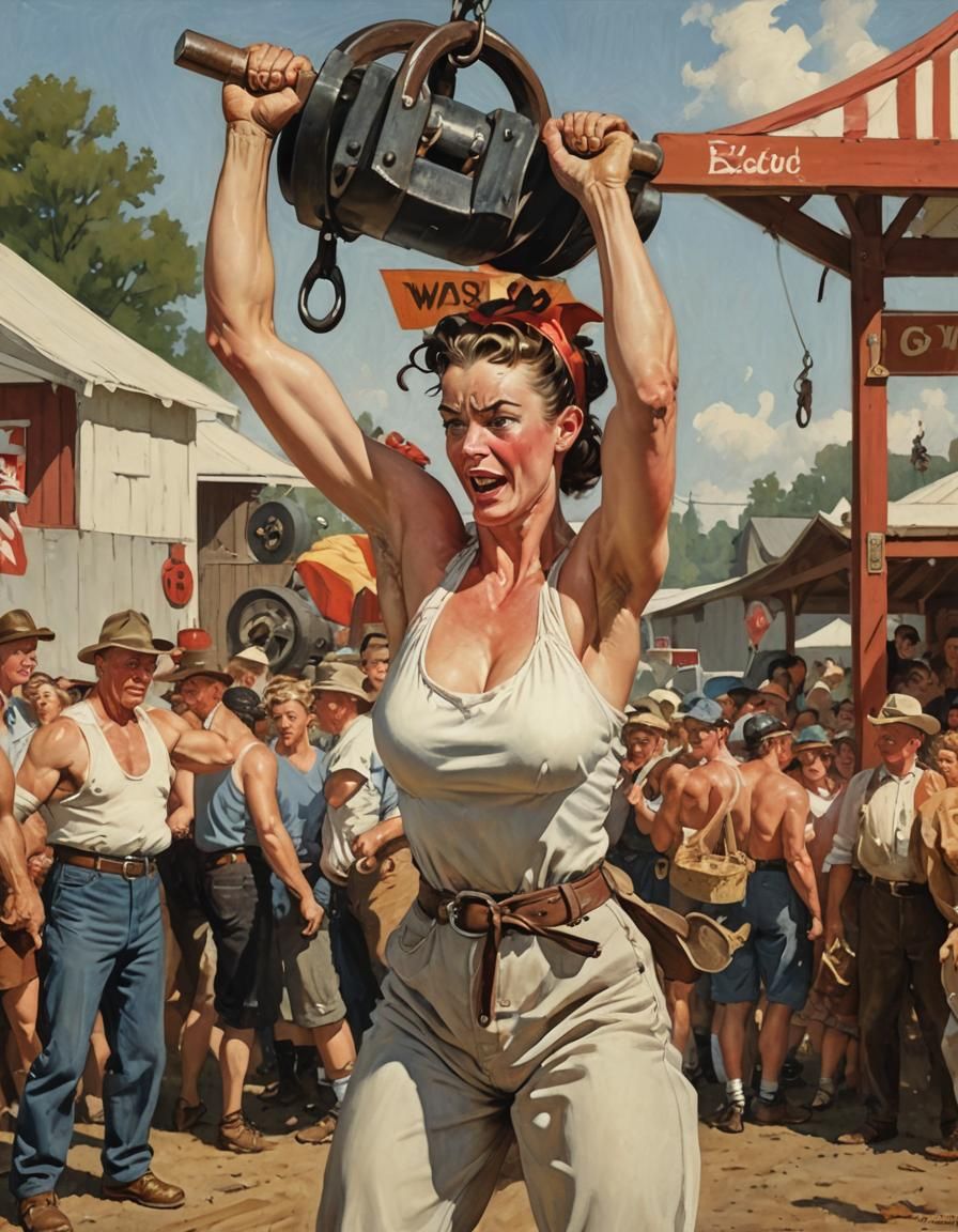 Strong Woman Lifting Weights: Vintage Painting Style