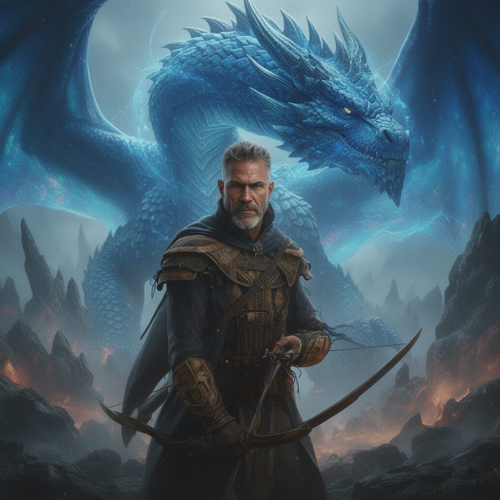 Ancient Blue Dragon and Grizzled Rogue in Cinematic Masterpi...