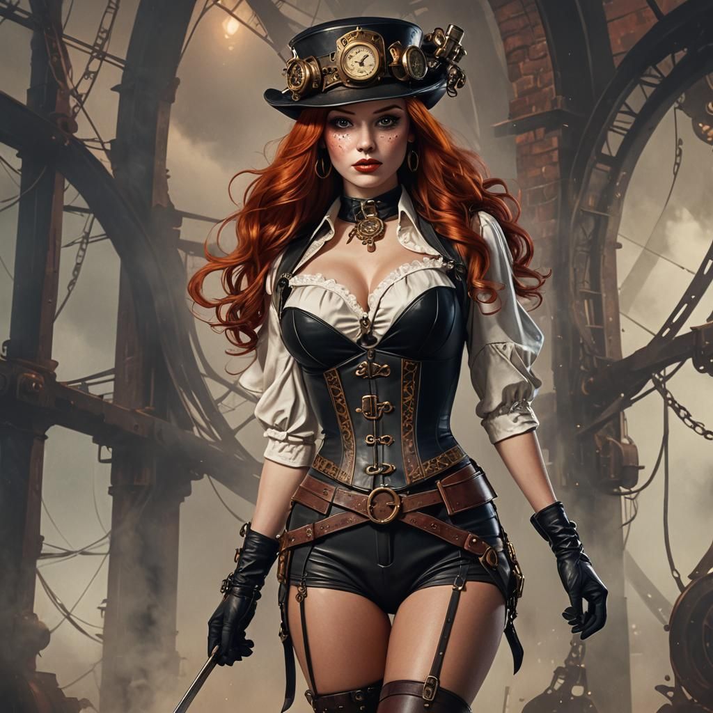 Steampunk Redhead Pin-Up in Garter Belt